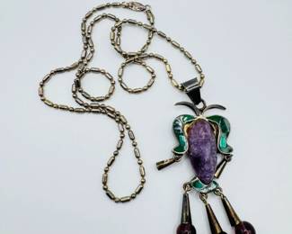 36 VintageMexican95SilverNecklaceLikelyAmethystMalachitePendant