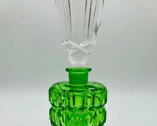 80 VintageGreenCutGlassPerfumeBottlewClearFacetedStopper