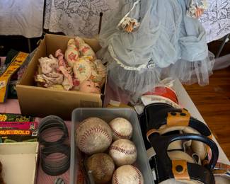 Vintage Toys, Mickey Mantel leg Guards, Dolls, Balls, Cap gun