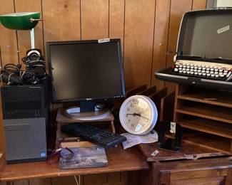 Computers, Monitors, Vintage typewriters, Work Table and wood File cabinets