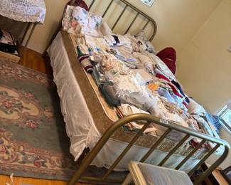 Iron Painted Brass Double Bed and Mattress, nice rugs and Bench. Lots and Lots of Vintage Linens