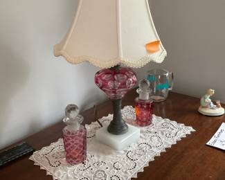 Ruby Flashed Crystal perfume holders and lamp 