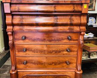 One of the largest Flame mahogany Gents Chest we have had the pleasure of auctioning. Great for jeans, hunting clothes, sweaters and blankets. circa 1870s