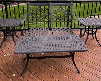 Thomasville Patio Black Cast Aluminum Loveseat, 2 side tables and coffee table.