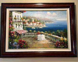 Mediteranean Village Oil on Canvas, signed by Marca, Framed size 56"x45".