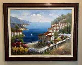 Oil Painting of a picturesque Mediterranean Village along the coast by artist Marca, Framed size 44"x35".