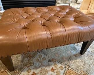 King Hickory Carmel Brown Leather Ottoman.