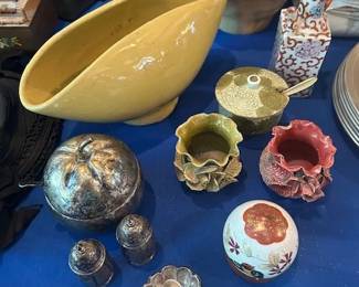 antique Yelloware pudding mold antique pottery, sterling silver jam jar with spoon, sterling silver salt/pepper set.