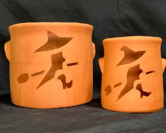Set of 2 Terracotta Witch Halloween Luminary Pots
