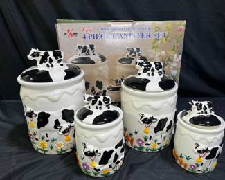  4 Piece Ceramic Cow Canister Set Hand Painted