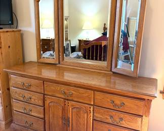 Low Oak Dresser With TriMirror