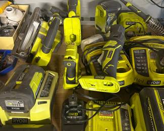 Various Ryobi One battery operated tools (at least 25), batteries, chargers