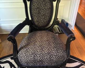 Pair of Loui XV Arm Chairs and painted Black with Navy Cheetah Print Upholstery(BLAVY!)   