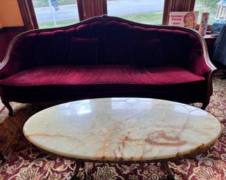 Burgundy Upholstered and Tufted Victorian Sofa and Antique  Ormolu Base w/Onyx Top Coffee Table!