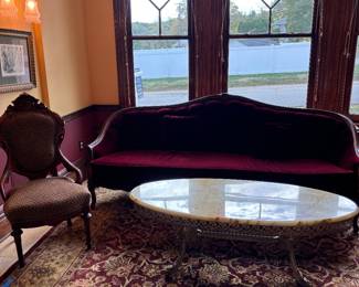 Burgundy Upholstered and Tufted Victorian Sofa
