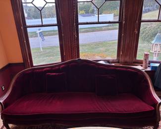 Burgundy Upholstered and Tufted Victorian Sofa