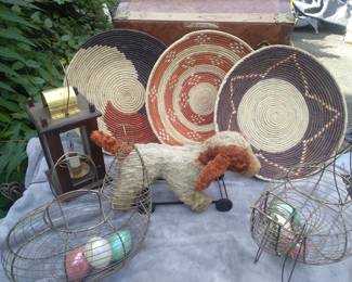 Egg basket vintage dog pull toy lanterns and woven baskets