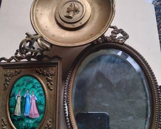 Ant russian enamel framed plaque beveled mirror and victorian comport