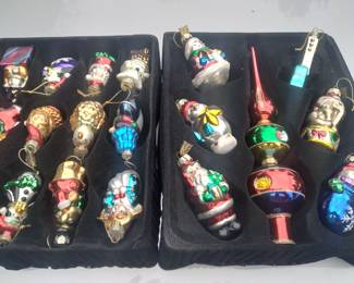 Collection of mercury glass orniments in wooden crate