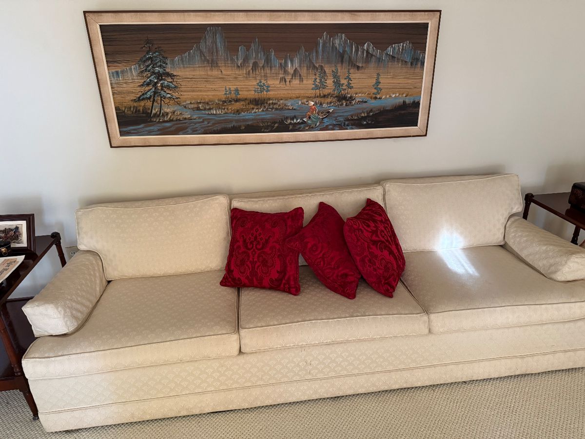 Mid-Century Modern off white sofa, Asian picture and Asian wooden end tables