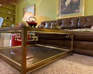 Brass and glass coffee table and brass pheasant