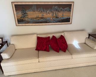 Mid-Century Modern off white sofa, Asian picture and Asian wooden end tables