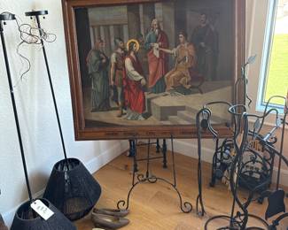 ART, TWO BAR LAMPS, FIREPLACE TOOLS