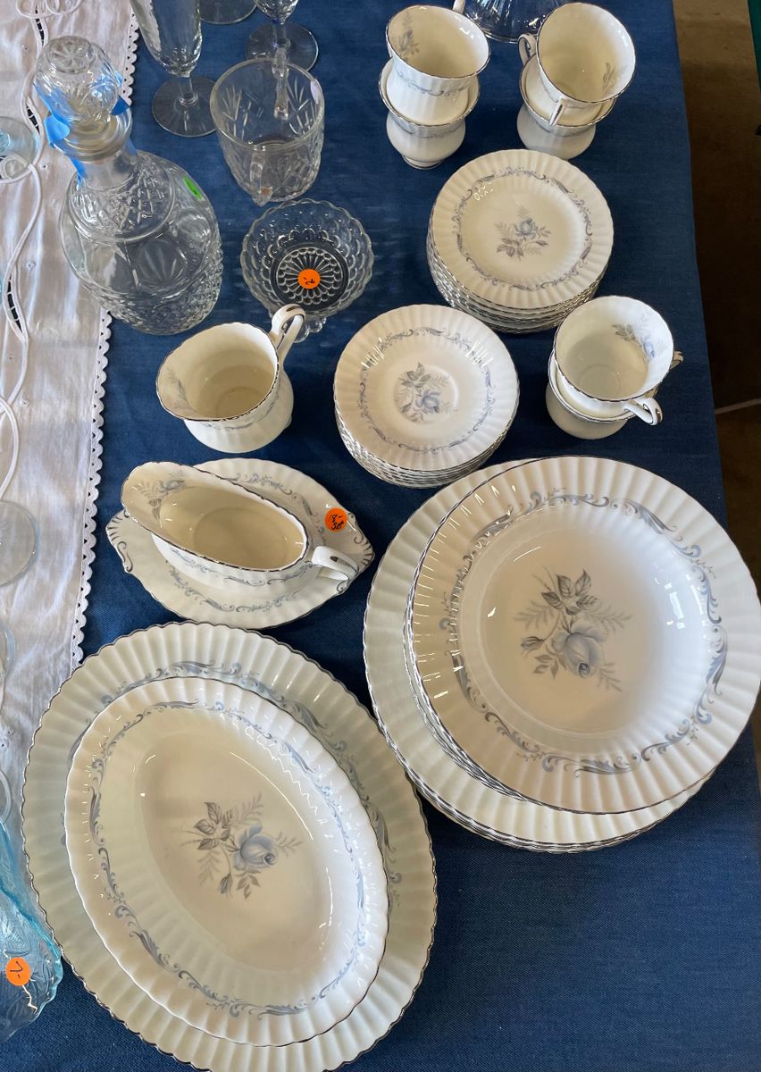 Pretty blue rose dishware, plates, bowls, gravy boat, creamer pitcher, tea cups, saucers, glass decanter, glass mug, glass candy dish
