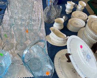 Glass vases, large footed dessert glasses, decanters, decorative glass, etched glass, etc