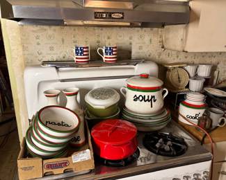 Italian huge porcelain dinner set, oversized for pasta.dansk red enamel pot like new. Baldelli dishes