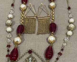 Red Gold Colored Beaded Necklaces  Earrings 