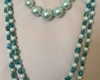 2 Blue Colored Faux Pearls Necklaces 