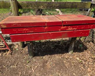 Vintage Small Pickup (Toyota) Truck tool box; approx: top 61 3/4" L x 20 1/2" W (front to back) x 12 1/2" H (lower inside part is 53 1/2" L)