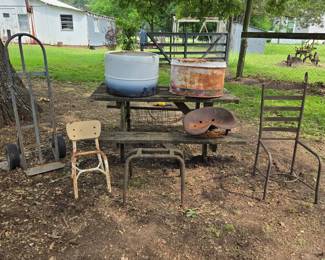 Vintage Tractor Seat with flip base - Possible Massey Harris Easy Rider Seat Flip Pan Assembly - approx 17" front to back; 19" W  
Vintage washing machine tub; great to use as a planter. approx 22 1/2" diameter x 16" H  