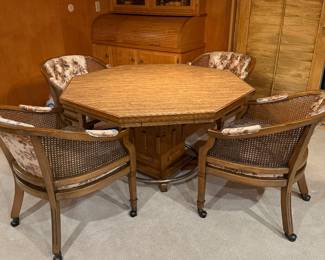 Game table with reversible top. Poker chip wells and felt on bottom side. 