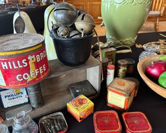 Antique ink wells, tips, tins & bells