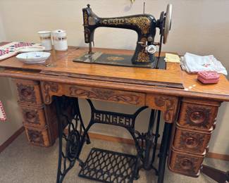 Antique Singer sewing machine, antique linens