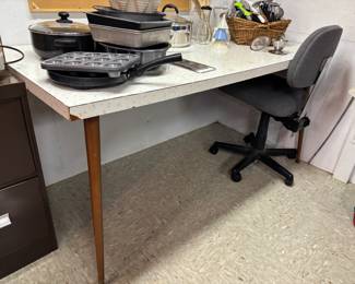 Vintage table, kitchen essentials, office chair, filing cabinet