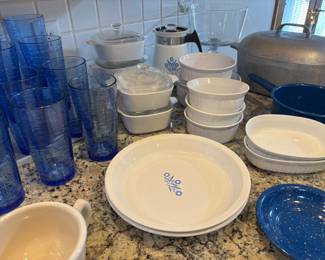 Corningware Blue Cornflower dishes, blue glassware, enamelware