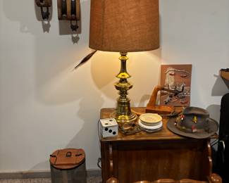 Antique brass lamps, tools & side table