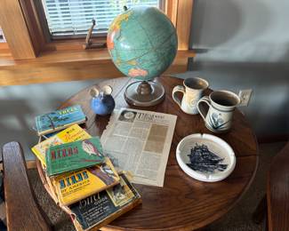 Vintage globe & antique bird book collection