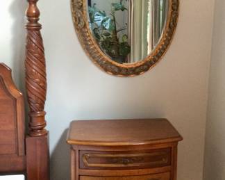 Ornate Oval Beveled Mirror (2 available) w/ Side Table/Nightstand w/lower door