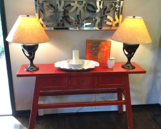 Red Stained Wood Console Table, Accent Lamps, Mirrored Mosaic Wall Art