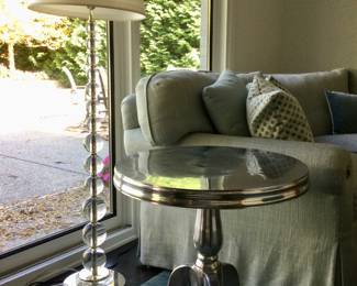 Glass Ball Floor Lamp w/22" Round Silver Tone Pedestal Metal Side Table
