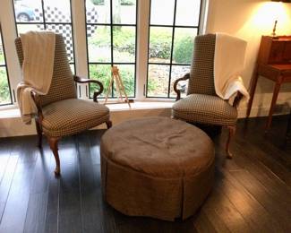 Traditional Arm Chairs w/additional slipcovers w/Blue tufted ottoman w/brown slipcover as shown in picture