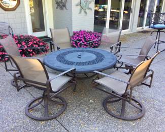 54" Round Metal Fire Pit Grand Bonaire Weave w/5 Swivel Arm Chairs by Brown Jordan