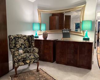 (2) Century Furniture, Burl Wood Omni Collection 45" Wide 4 Drawer Cabinet with Side Shelving. piece. Separately. Hour Glass Wood Framed Mirror 76" Wide