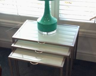 Glass Nesting Tables w/pewter tone trim Lucite Sayre Table Lamp (2) available