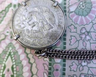 1968 VINTAGE STERLING NECKLACE MEXICAN 25 PESO COIN