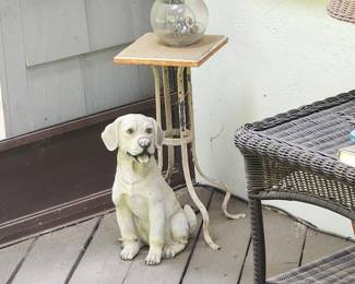 IRON TABLE AND DOG STATUE